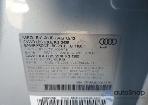 2013 Audi Q5 2.0T Premium z USA, uszkodzony, nr VIN WA1CFAFP2DA067375